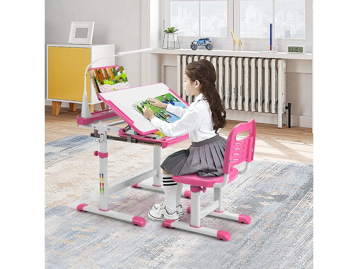 Kindertisch Kinderschreibtisch Set mit Bücherständer & LED-Licht für Jungs & Mädchen Rosa