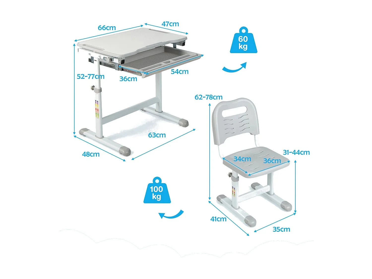 Höhenverstellbares Kinderschreibtisch Set mit Neigbarer Tischplatte & Schublade mit Stuhl Grau
