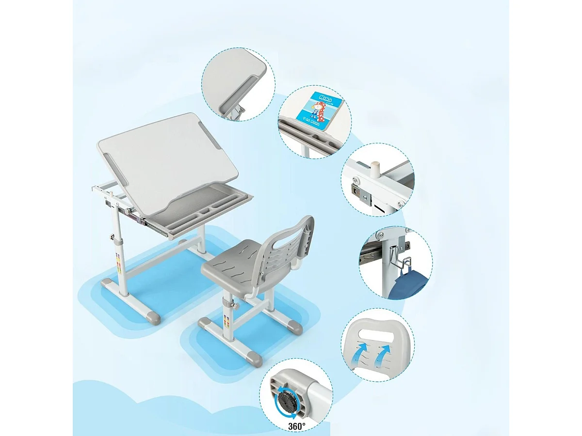 Höhenverstellbares Kinderschreibtisch Set mit Neigbarer Tischplatte & Schublade mit Stuhl Grau