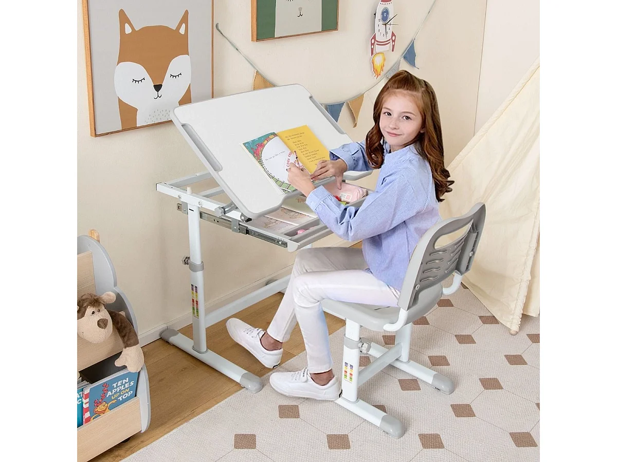 Höhenverstellbares Kinderschreibtisch Set mit Neigbarer Tischplatte & Schublade mit Stuhl Grau