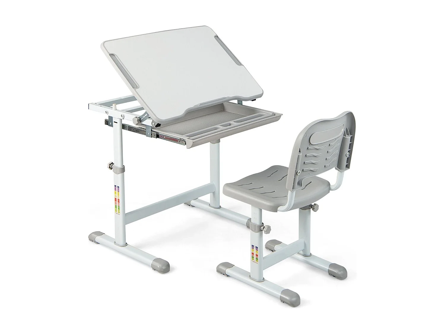 Höhenverstellbares Kinderschreibtisch Set mit Neigbarer Tischplatte & Schublade mit Stuhl Grau
