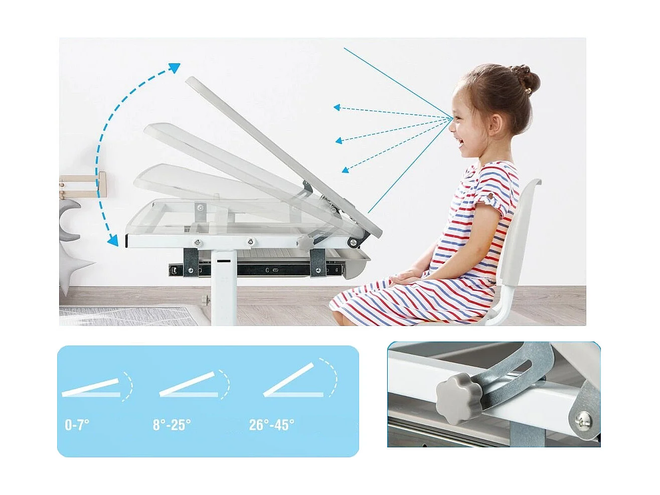Höhenverstellbares Kinderschreibtisch Set mit Neigbarer Tischplatte & Schublade mit Stuhl Grau