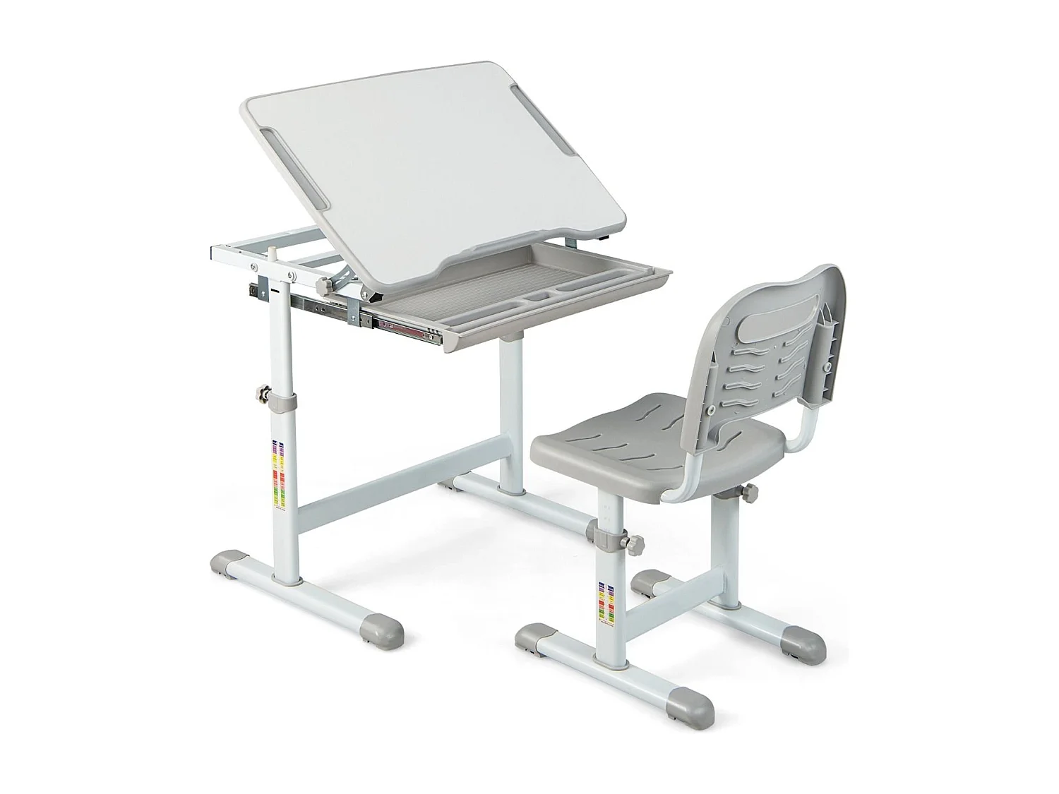 Höhenverstellbares Kinderschreibtisch Set mit Neigbarer Tischplatte & Schublade mit Stuhl Grau
