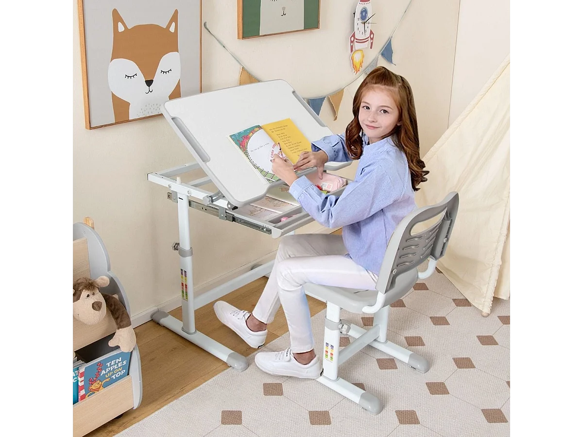 Höhenverstellbares Kinderschreibtisch Set mit Neigbarer Tischplatte & Schublade mit Stuhl Grau