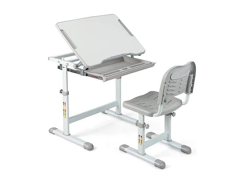 Höhenverstellbares Kinderschreibtisch Set mit Neigbarer Tischplatte & Schublade mit Stuhl Grau