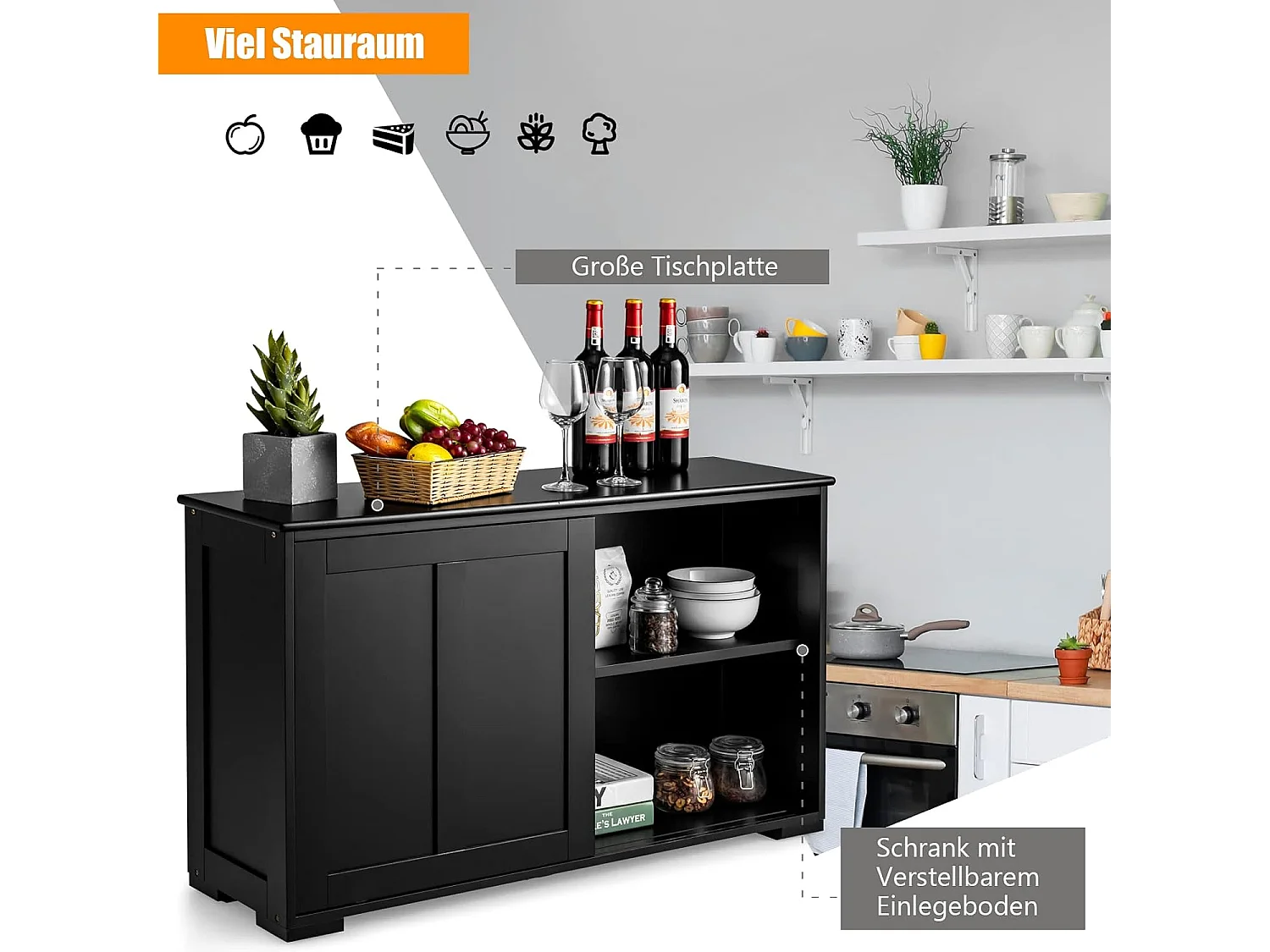 Armadietto da cucina a due porte scorrevoli, Mobiletto in legno per bagno 106,7x33x60cm Nero