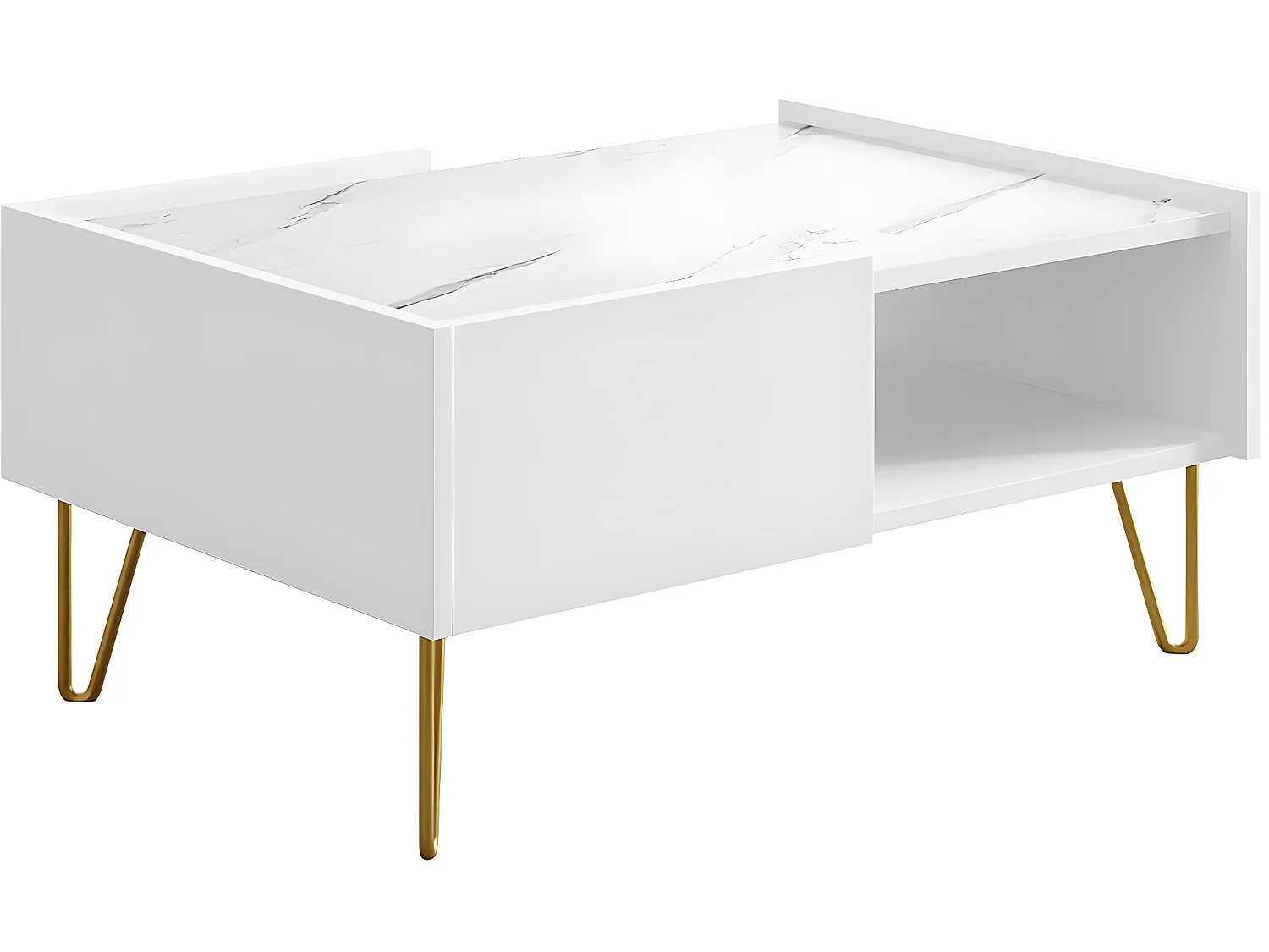 Mesa de Café Moderna Branca Narine L - 97 x 45 x 65 cm, 2 Gavetas, Pernas Douradas