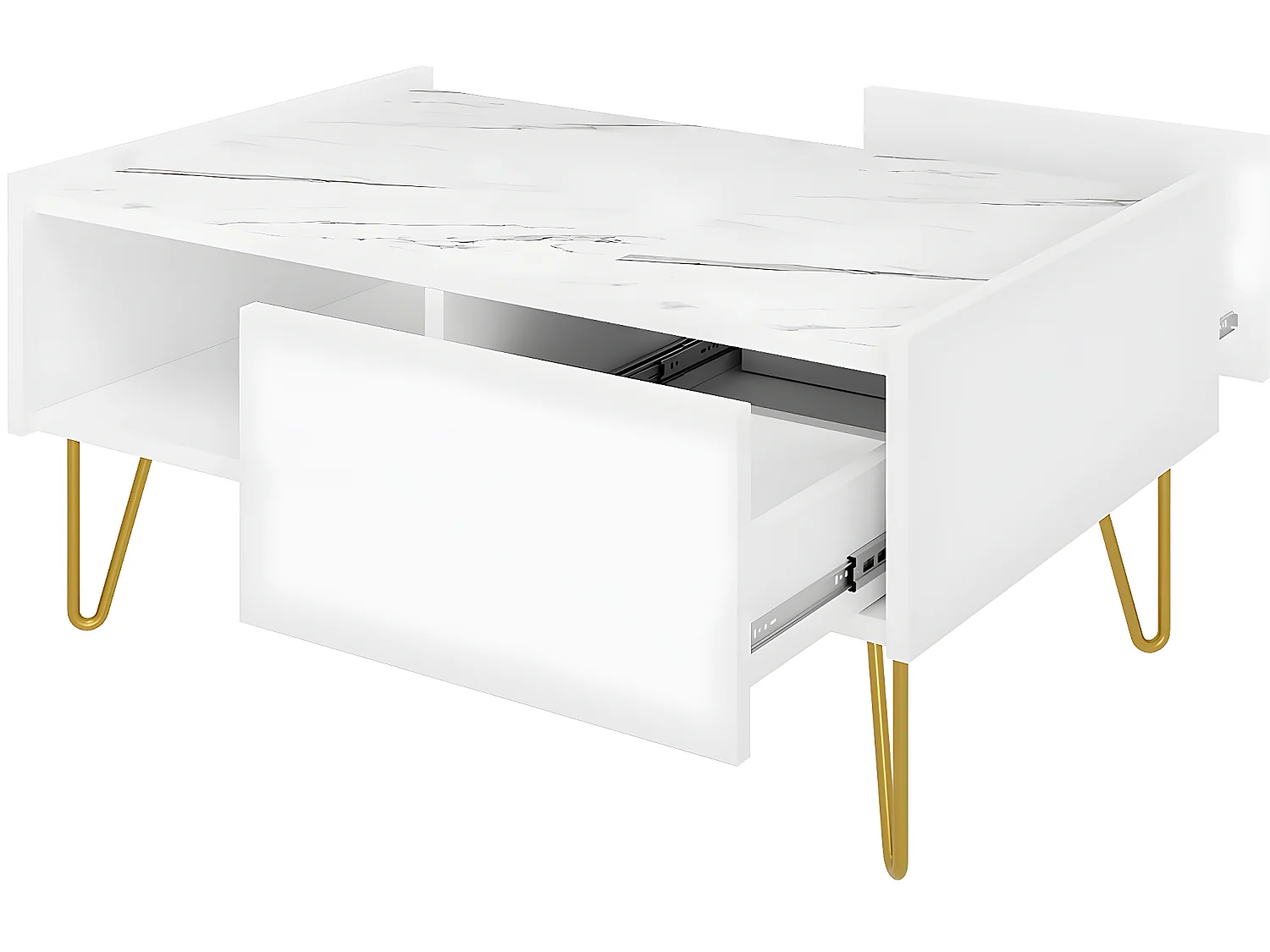 Mesa de Café Moderna Branca Narine L - 97 x 45 x 65 cm, 2 Gavetas, Pernas Douradas