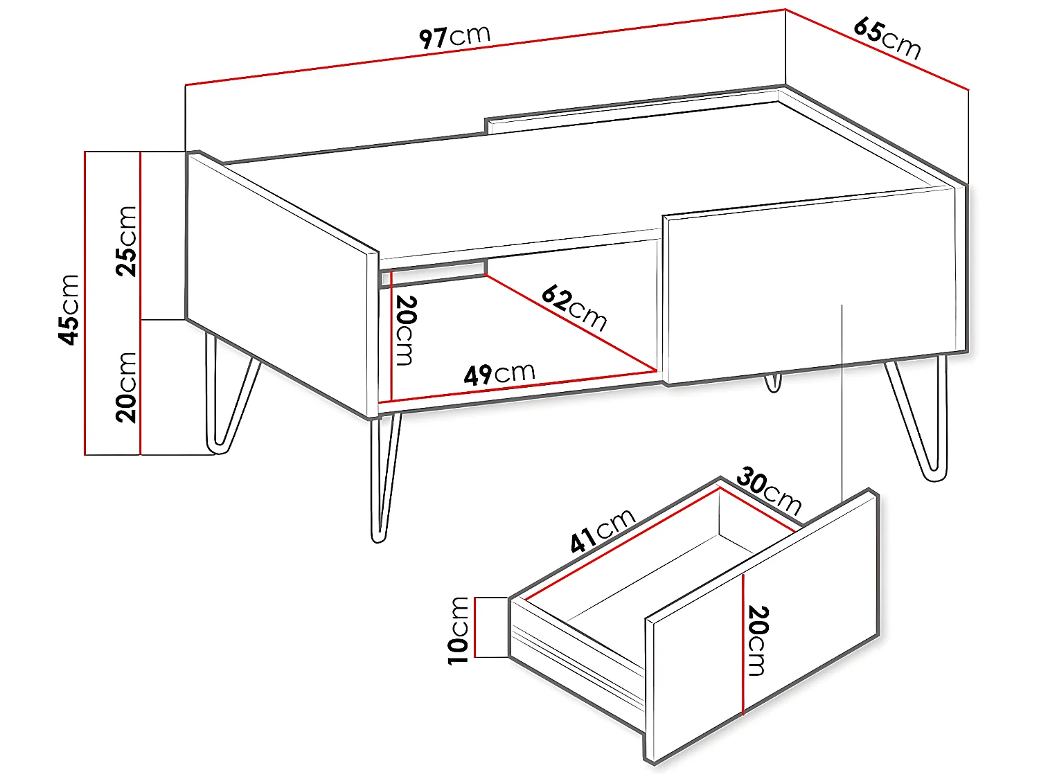 Mesa de Café Moderna Branca Narine L - 97 x 45 x 65 cm, 2 Gavetas, Pernas Douradas