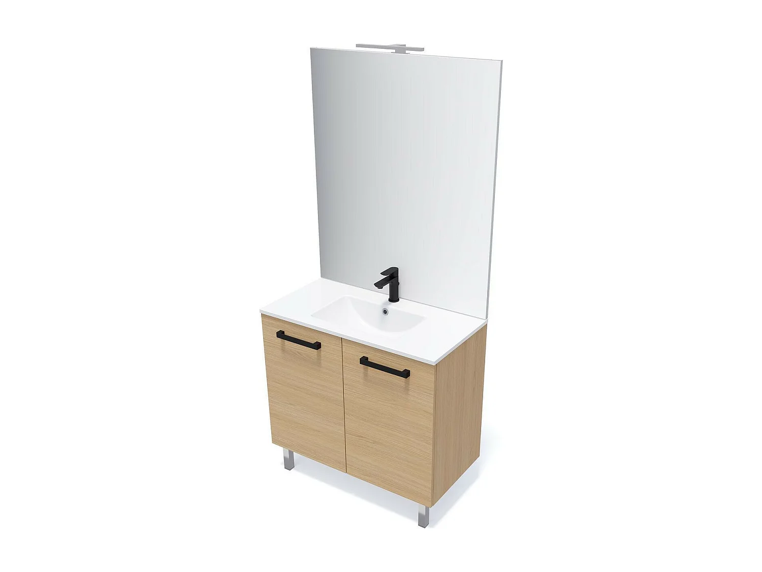 Meuble de salle de bain suspendu avec pieds vasque intégrée 90cm 2 portes Chêne clair + miroir - Chelsea