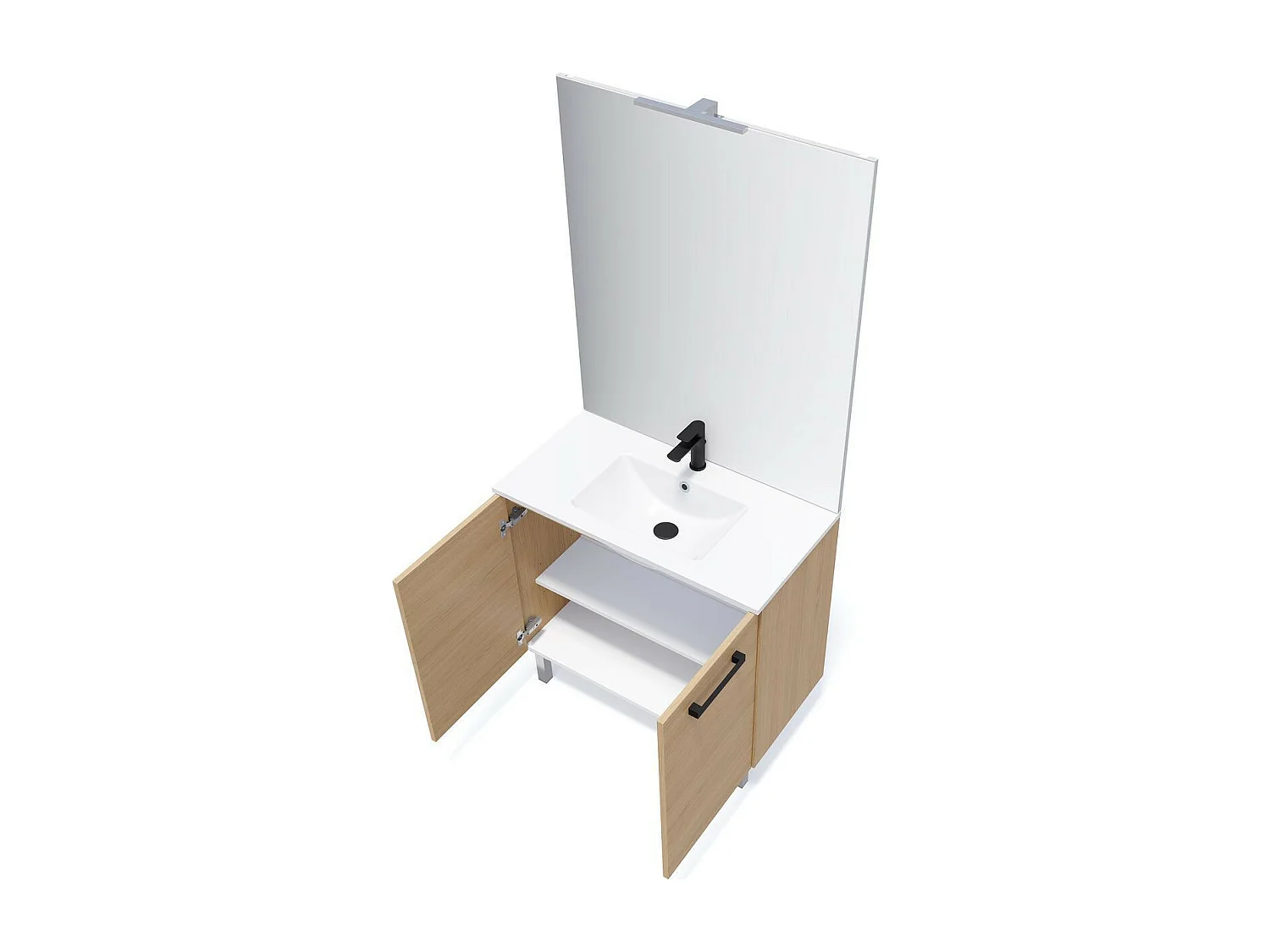 Meuble de salle de bain suspendu avec pieds vasque intégrée 90cm 2 portes Chêne clair + miroir - Chelsea