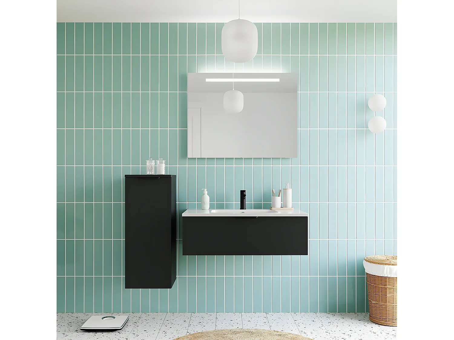 Meuble de salle de bain suspendu vasque intégrée 90cm 1 tiroir Noir - Soho