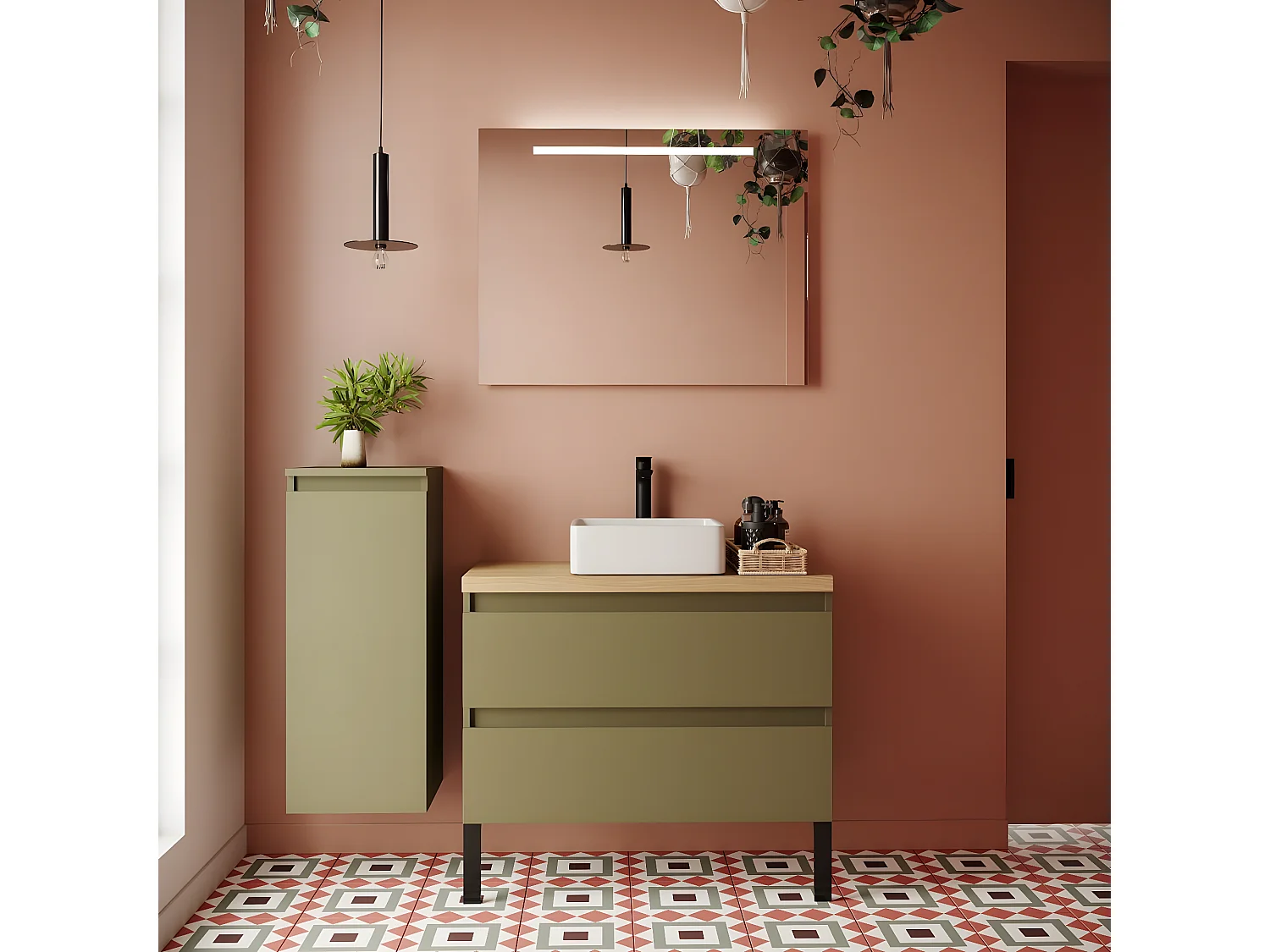 Meuble de salle de bain suspendu vasque à poser 90cm 2 tiroirs Vert olive - Hudson