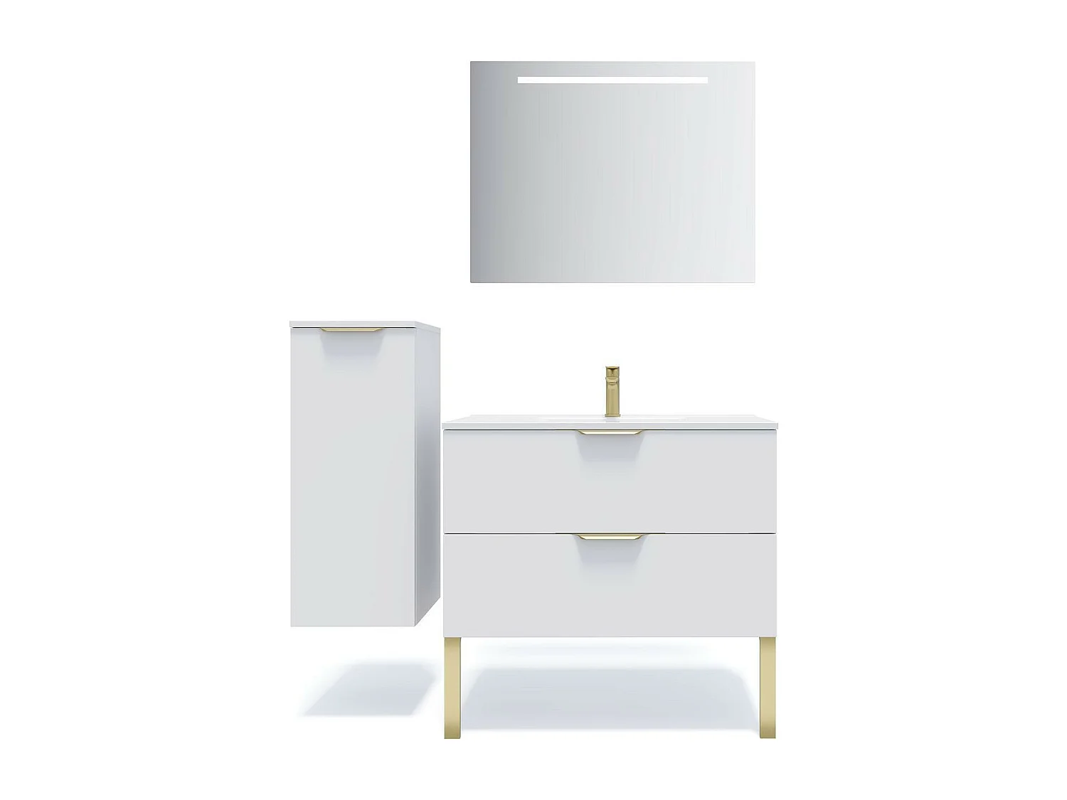 Meuble de salle de bain suspendu vasque intégrée 90cm 2 tiroirs Blanc + miroir - Venice