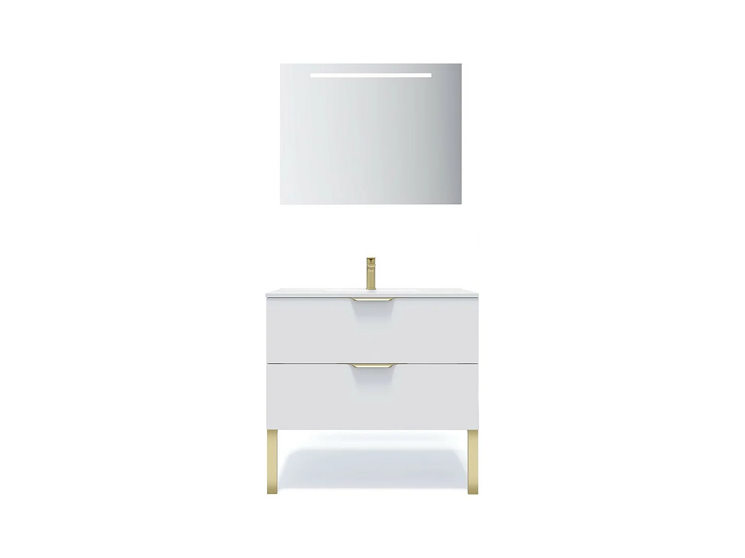 Meuble de salle de bain suspendu vasque intégrée 90cm 2 tiroirs Blanc + miroir - Venice