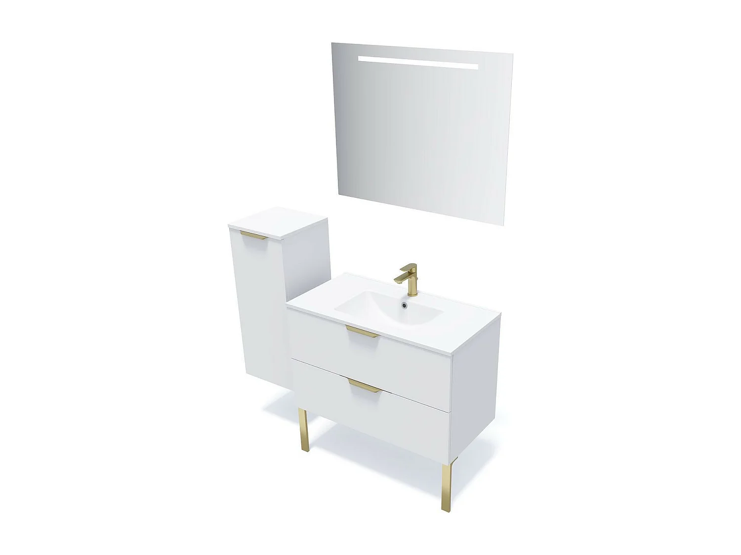 Meuble de salle de bain suspendu vasque intégrée 90cm 2 tiroirs Blanc + miroir - Venice