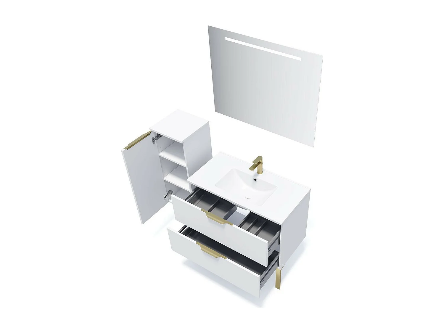 Meuble de salle de bain suspendu vasque intégrée 90cm 2 tiroirs Blanc + miroir - Venice