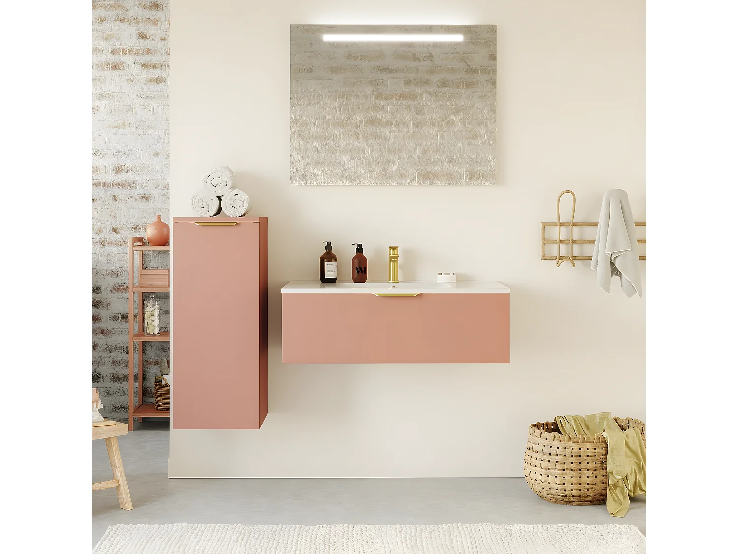 Meuble de salle de bain suspendu vasque intégrée 90cm 1 tiroir Abricot - Venice