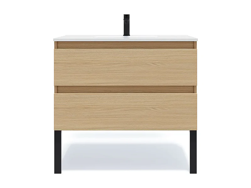 Meuble de salle de bain suspendu vasque intégrée 90cm 2 tiroirs Chêne clair - Hudson