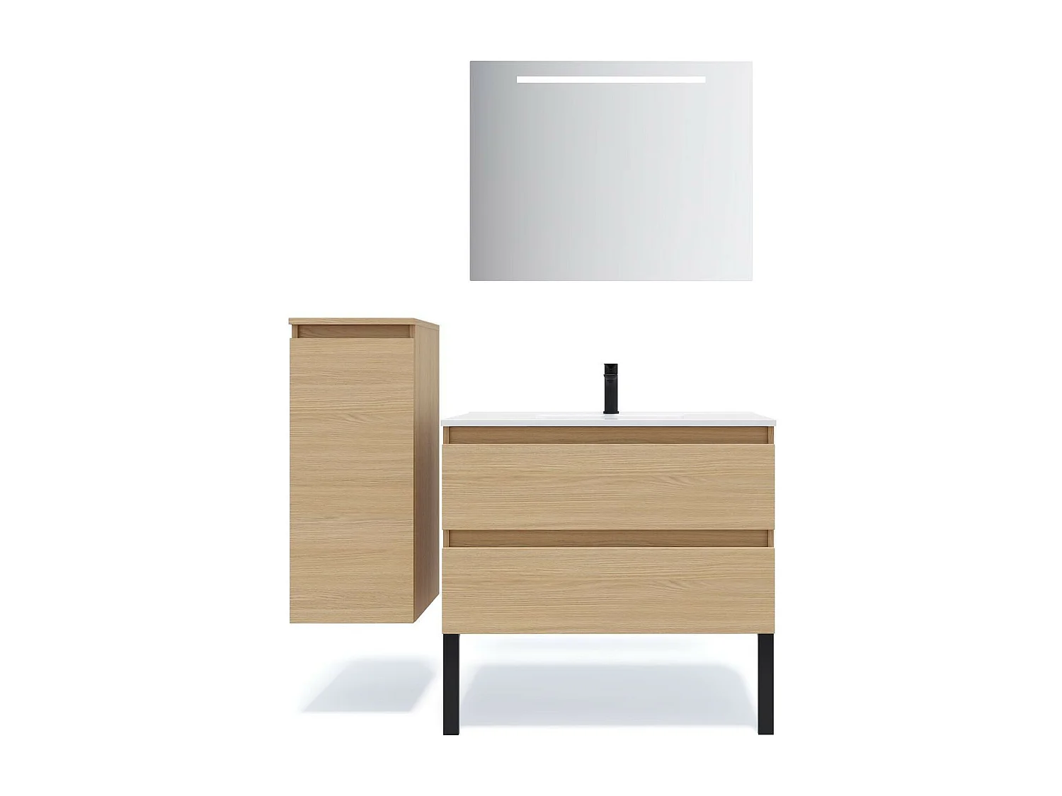 Meuble de salle de bain suspendu vasque intégrée 90cm 2 tiroirs Chêne clair - Hudson