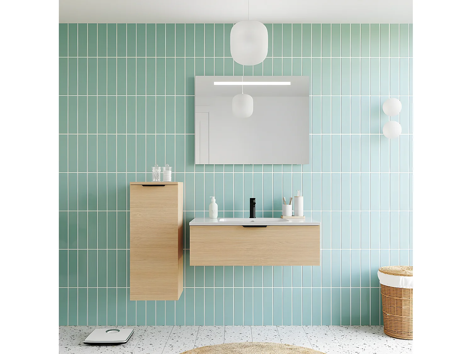 Meuble de salle de bain suspendu vasque intégrée 90cm 1 tiroir Chêne clair - Soho