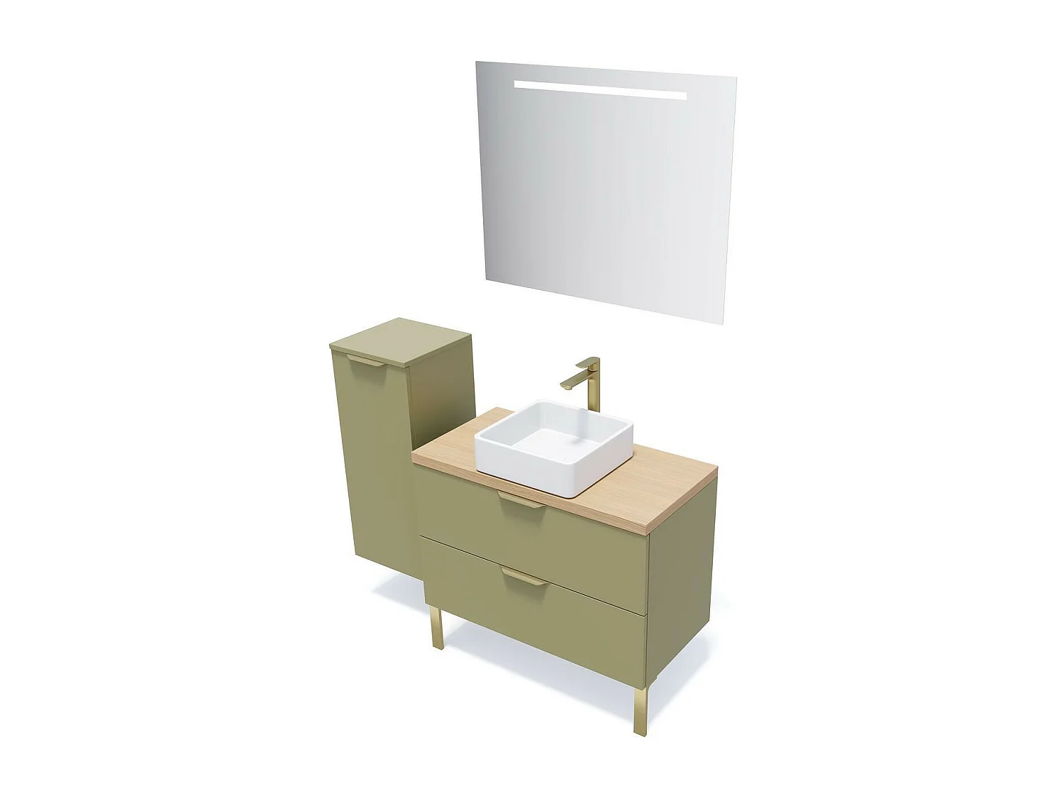 Meuble de salle de bain suspendu vasque à poser 90cm 2 tiroirs Vert olive + miroir - Venice
