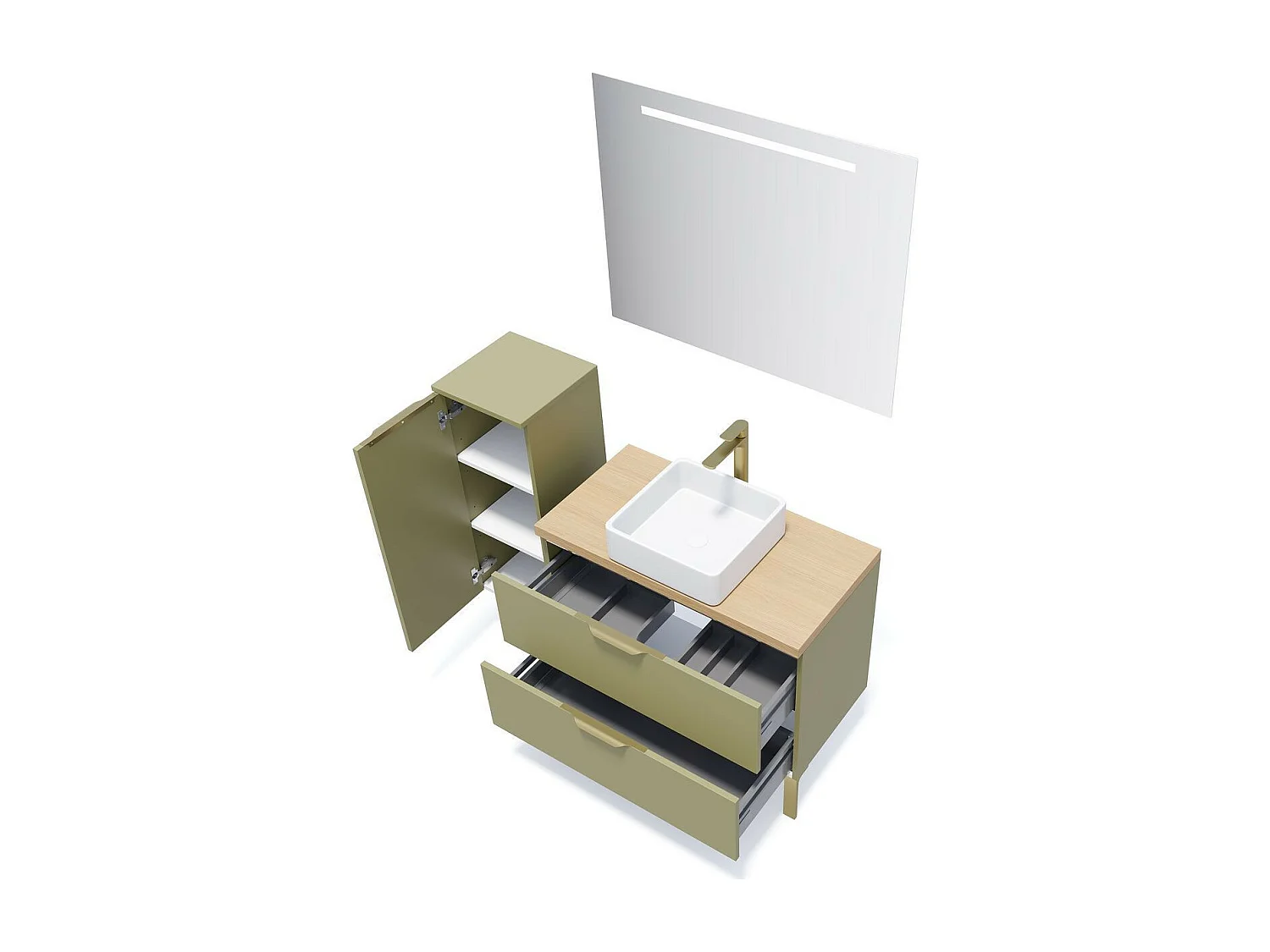 Meuble de salle de bain suspendu vasque à poser 90cm 2 tiroirs Vert olive + miroir - Venice