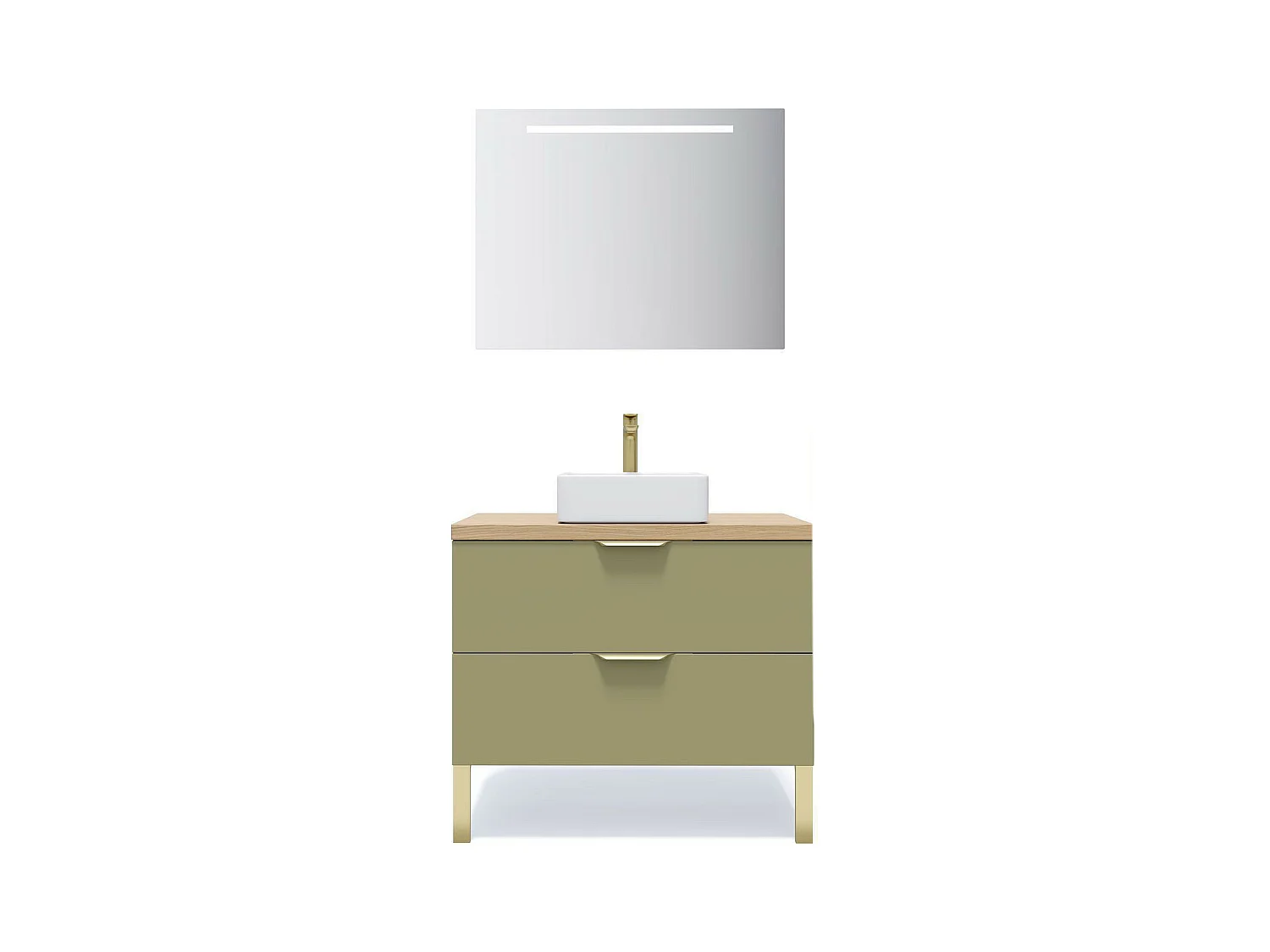 Meuble de salle de bain suspendu vasque à poser 90cm 2 tiroirs Vert olive + miroir - Venice