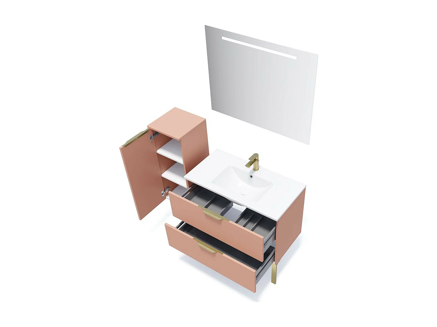 Meuble de salle de bain suspendu vasque intégrée 90cm 2 tiroirs Abricot + miroir - Venice