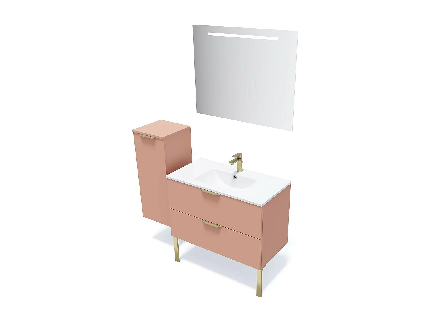 Meuble de salle de bain suspendu vasque intégrée 90cm 2 tiroirs Abricot + miroir - Venice
