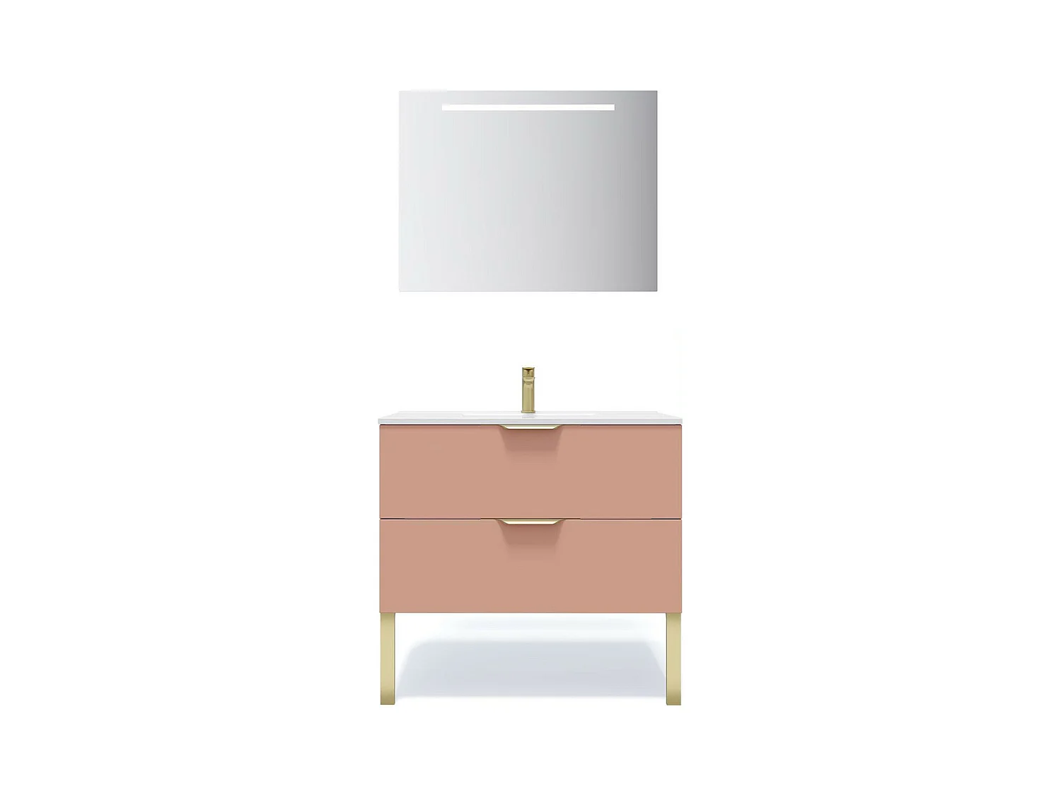 Meuble de salle de bain suspendu vasque intégrée 90cm 2 tiroirs Abricot + miroir - Venice