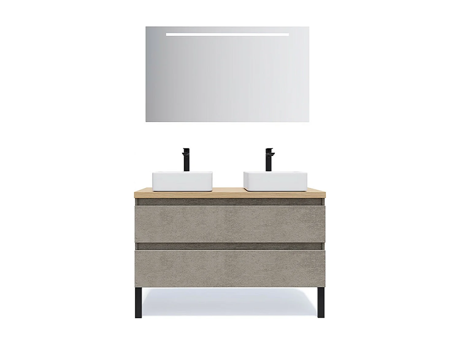 Meuble de salle de bain suspendu 2 vasques à poser 120cm 2 tiroirs façon Béton + miroir - Hudson