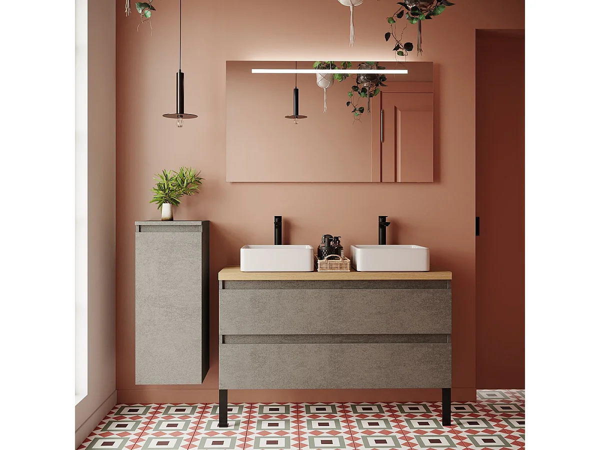 Meuble de salle de bain suspendu 2 vasques à poser 120cm 2 tiroirs façon Béton + miroir - Hudson