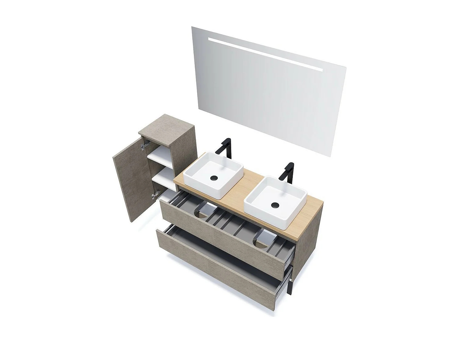 Meuble de salle de bain suspendu 2 vasques à poser 120cm 2 tiroirs façon Béton + miroir - Hudson