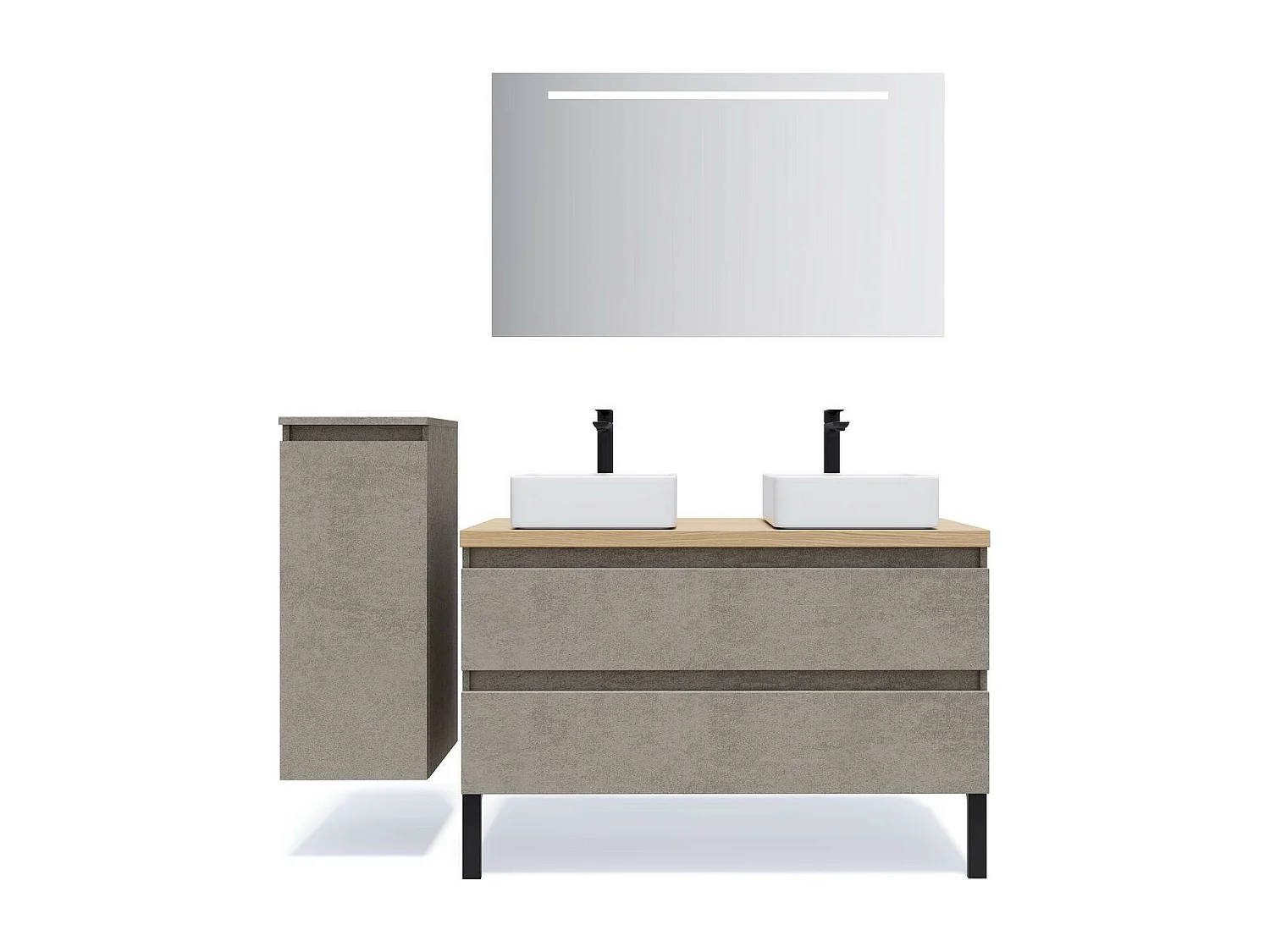 Meuble de salle de bain suspendu 2 vasques à poser 120cm 2 tiroirs façon Béton + miroir - Hudson