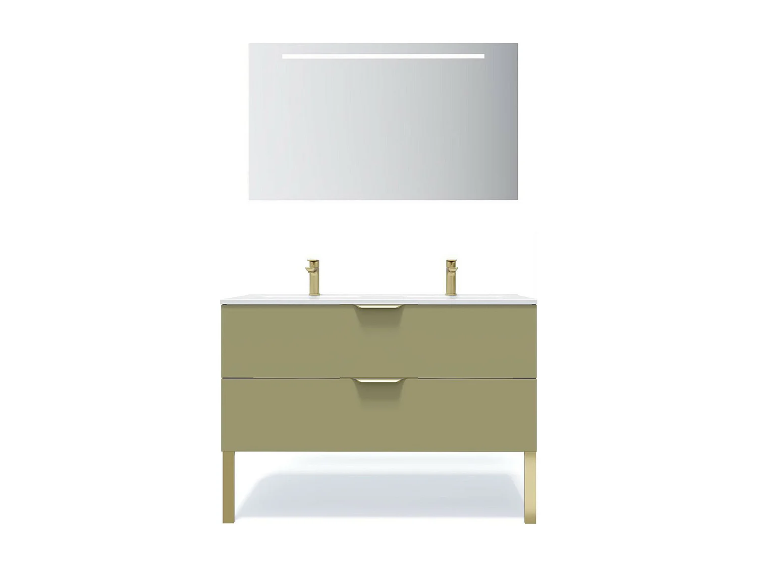 Meuble de salle de bain suspendu double vasque intégrée 120cm 2 tiroirs Vert olive + miroir - Venice