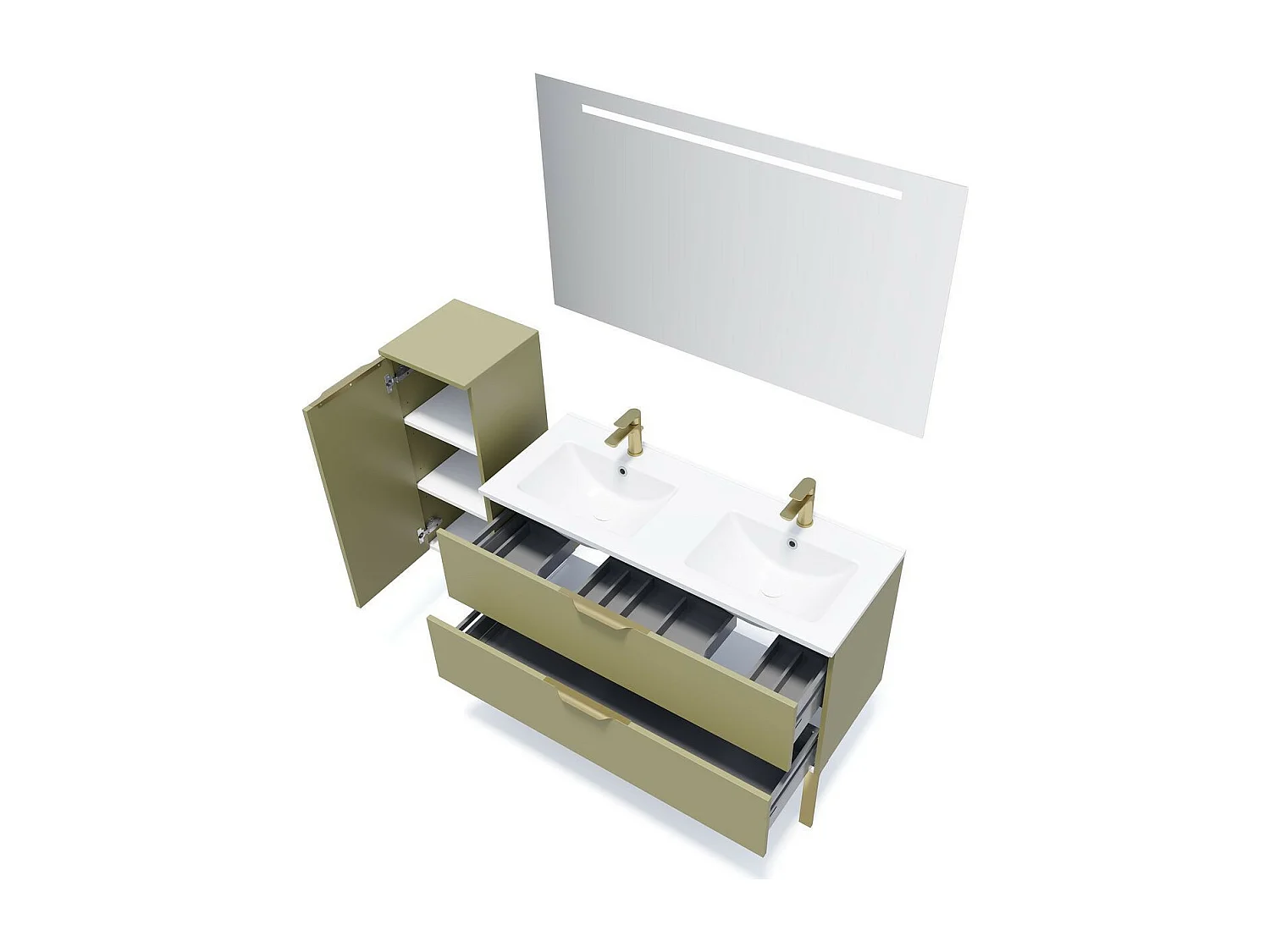 Meuble de salle de bain suspendu double vasque intégrée 120cm 2 tiroirs Vert olive + miroir - Venice