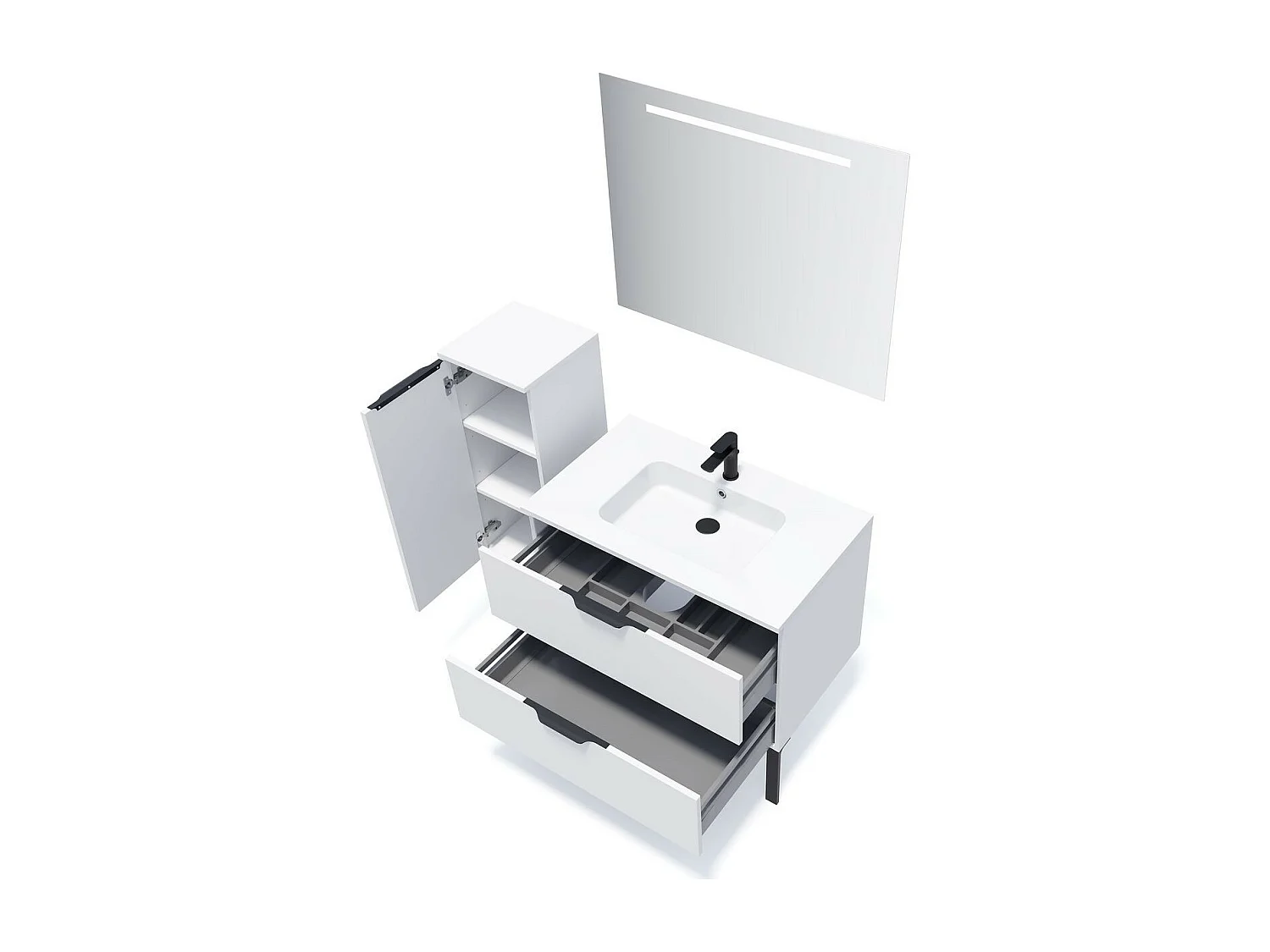 Meuble de salle de bain suspendu vasque intégrée 90cm 2 tiroirs Blanc - Soho