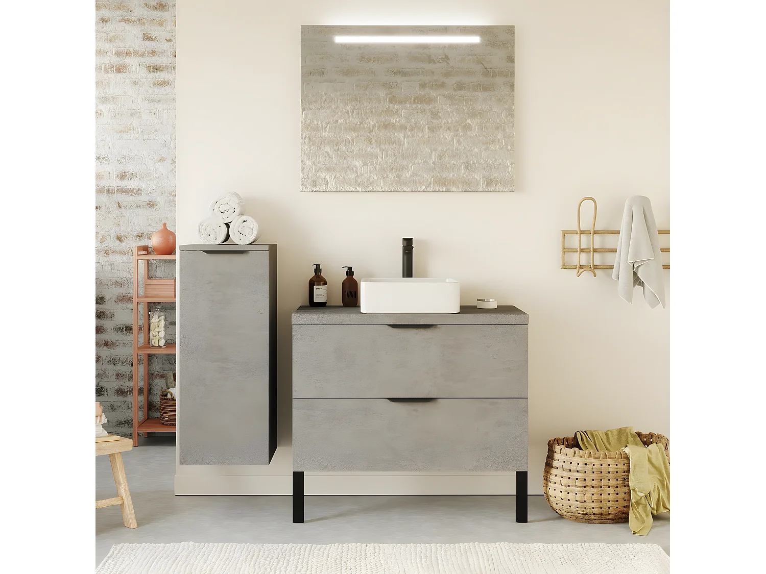 Meuble de salle de bain suspendu vasque à poser 90cm 2 tiroirs façon Béton - Venice