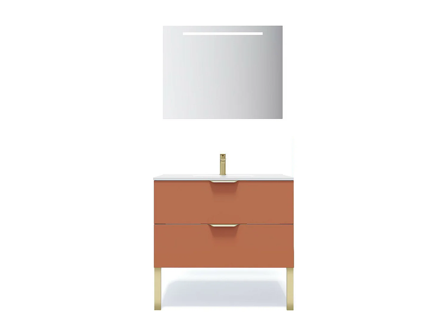 Meuble de salle de bain suspendu vasque intégrée 90cm 2 tiroirs Terracotta + miroir - Venice