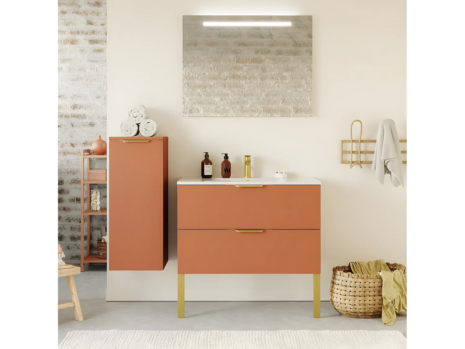 Meuble de salle de bain suspendu vasque intégrée 90cm 2 tiroirs Terracotta + miroir - Venice