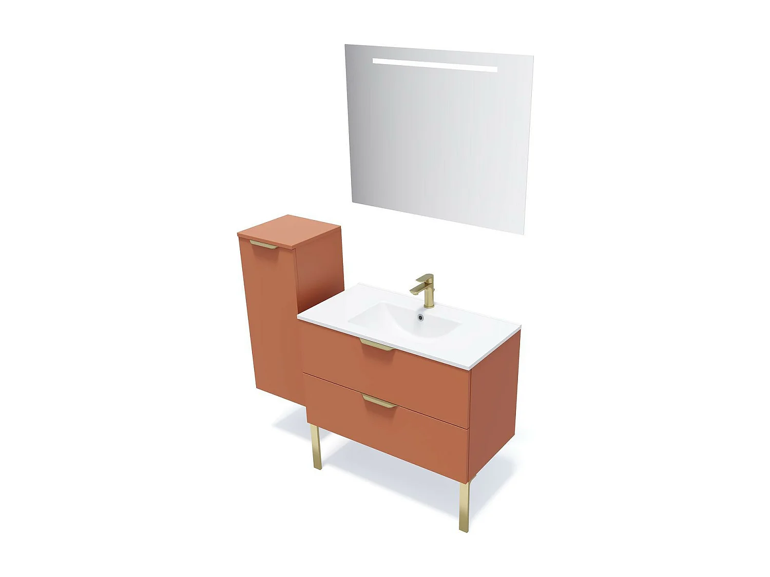 Meuble de salle de bain suspendu vasque intégrée 90cm 2 tiroirs Terracotta + miroir - Venice