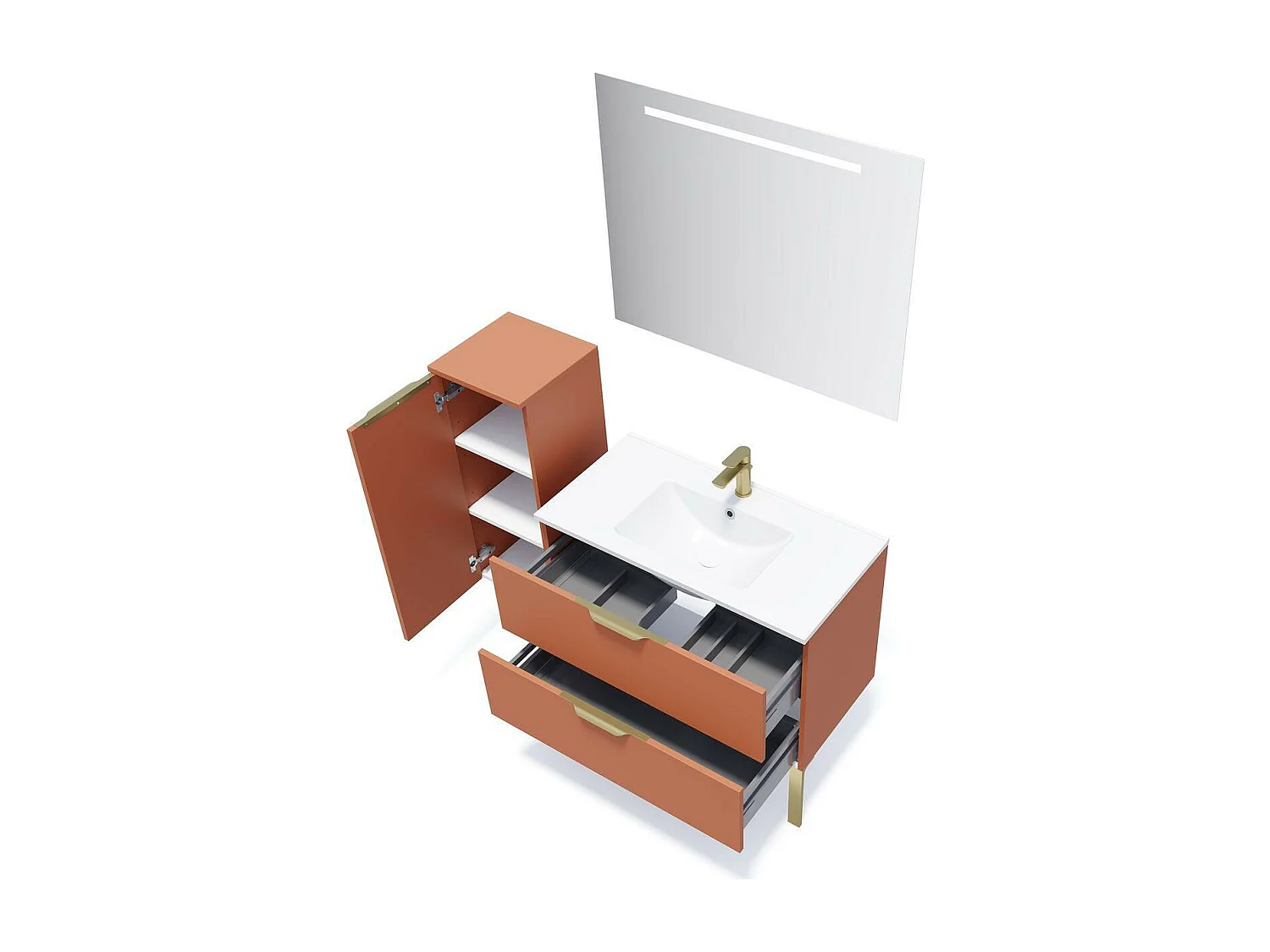 Meuble de salle de bain suspendu vasque intégrée 90cm 2 tiroirs Terracotta + miroir - Venice