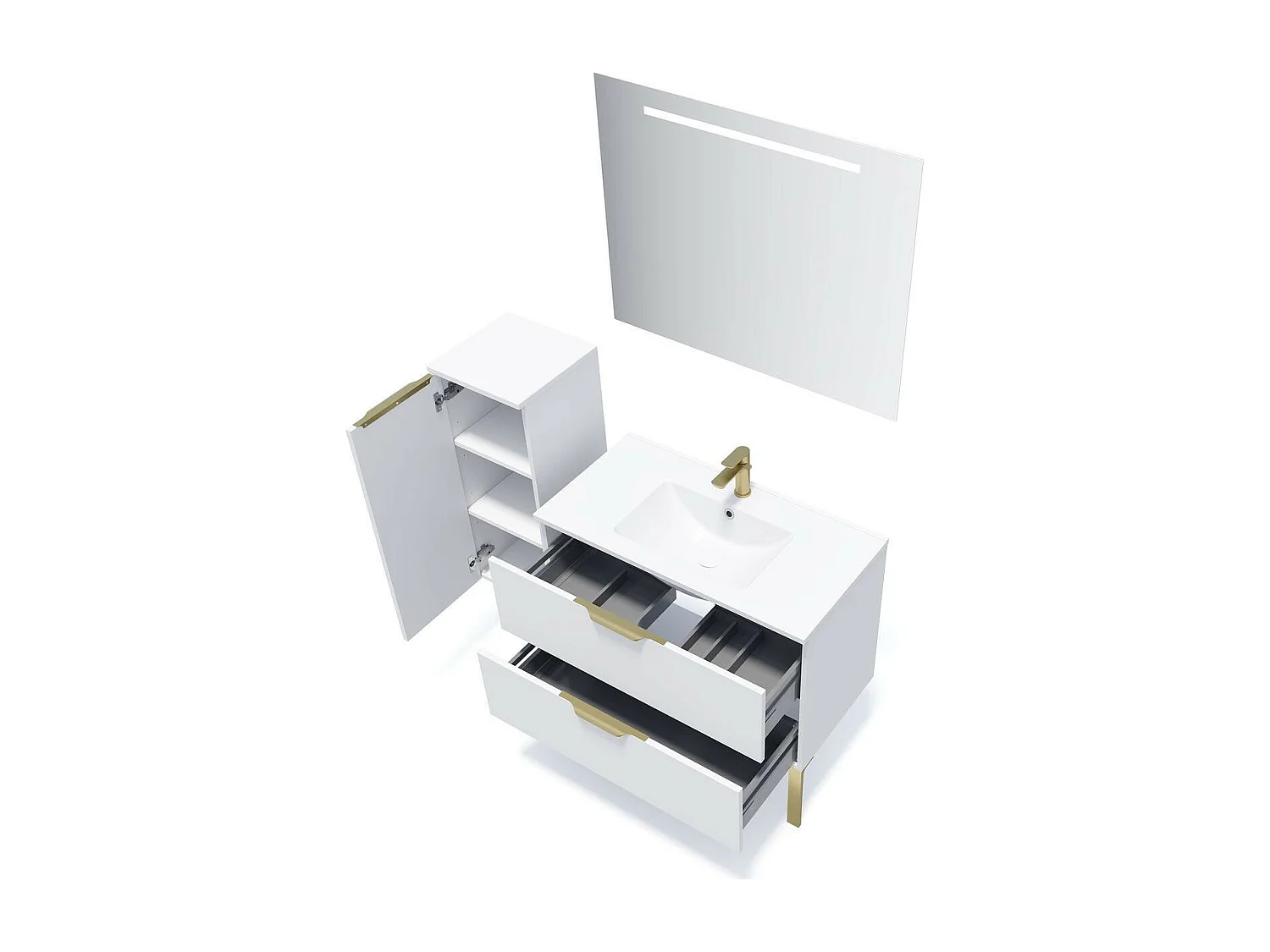 Meuble de salle de bain suspendu vasque intégrée 90cm 2 tiroirs Blanc - Venice