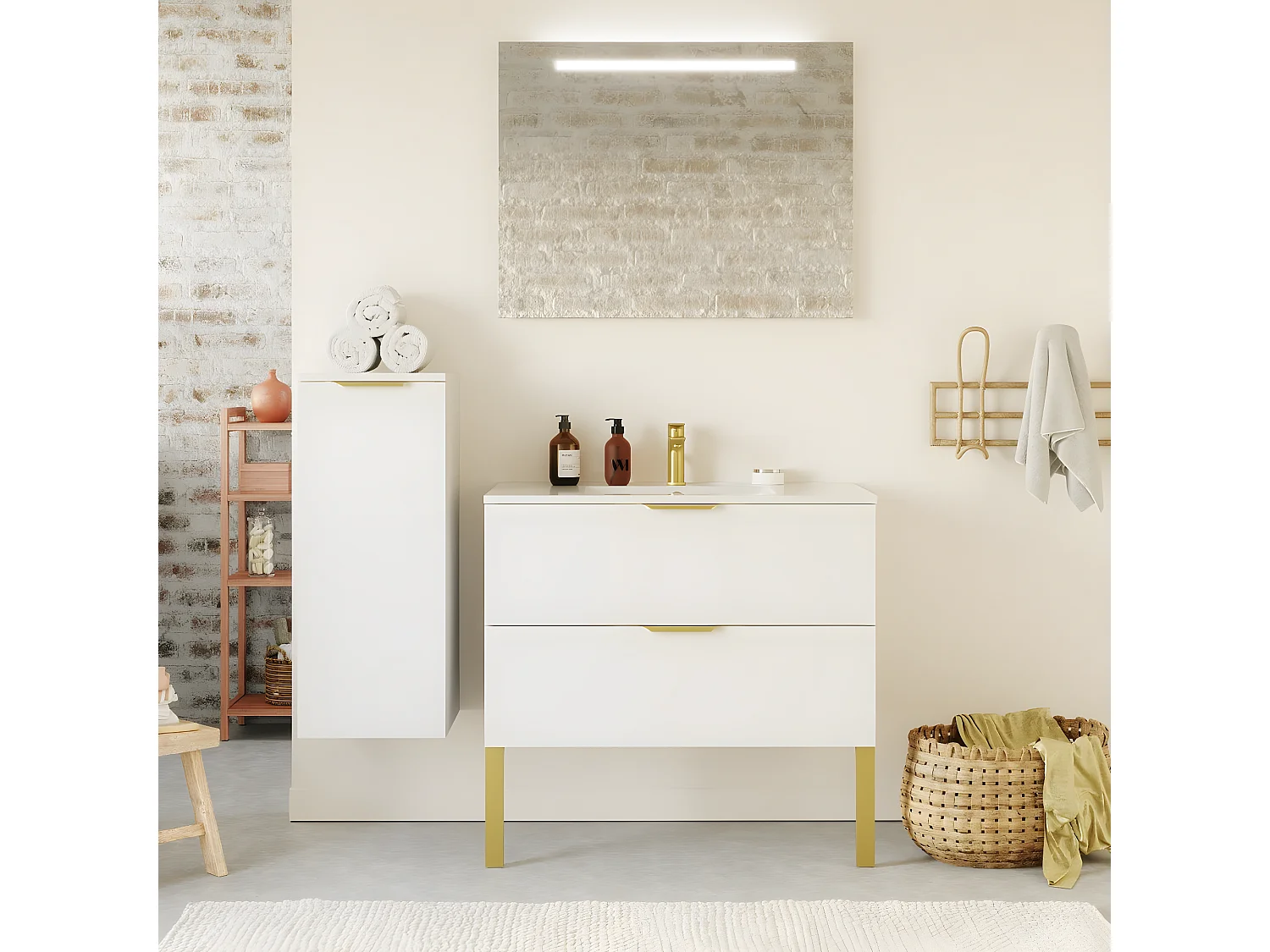 Meuble de salle de bain suspendu vasque intégrée 90cm 2 tiroirs Blanc - Venice