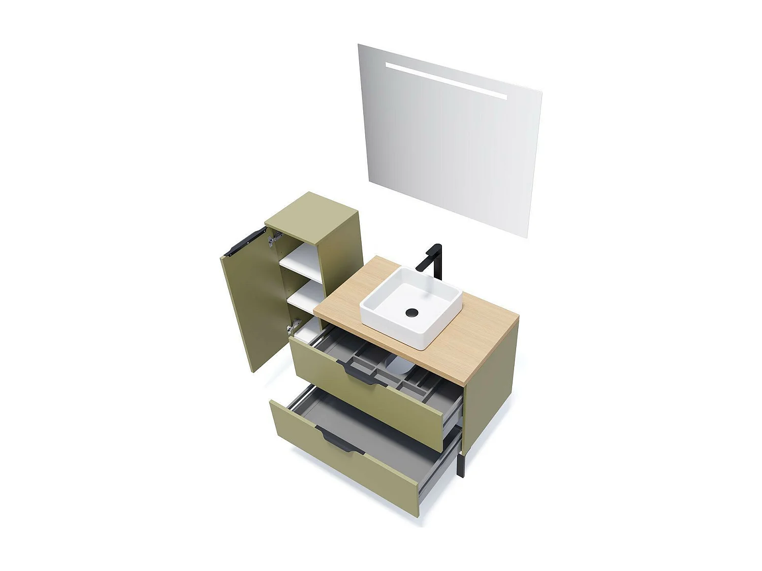 Meuble de salle de bain suspendu vasque à poser 90cm 2 tiroirs Vert olive + miroir - Soho