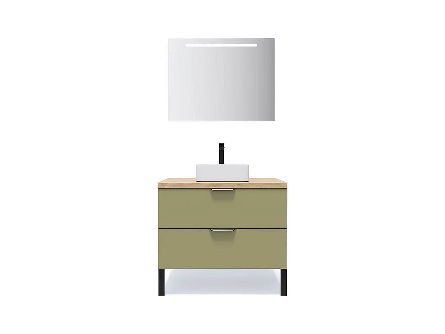 Meuble de salle de bain suspendu vasque à poser 90cm 2 tiroirs Vert olive + miroir - Soho