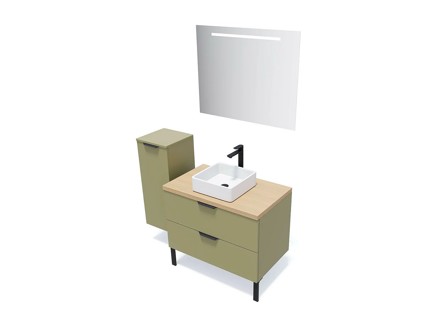 Meuble de salle de bain suspendu vasque à poser 90cm 2 tiroirs Vert olive + miroir - Soho