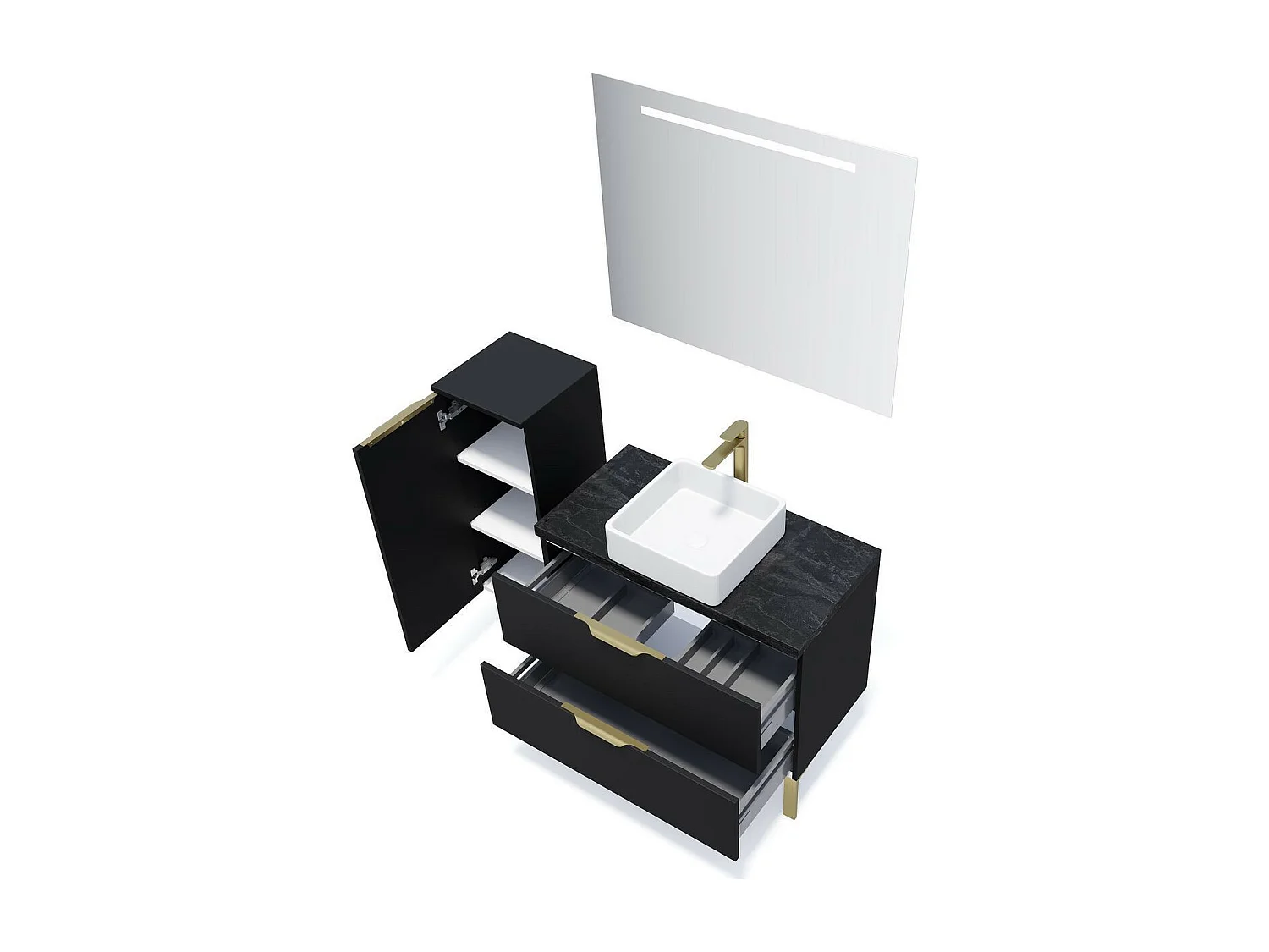 Meuble de salle de bain suspendu vasque à poser 90cm 2 tiroirs Noir + miroir - Venice