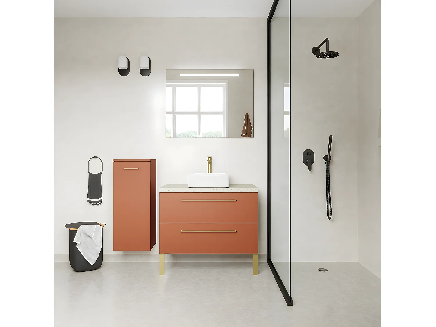 Meuble de salle de bain suspendu vasque à poser 90cm 2 tiroirs Terracotta - Glasgow